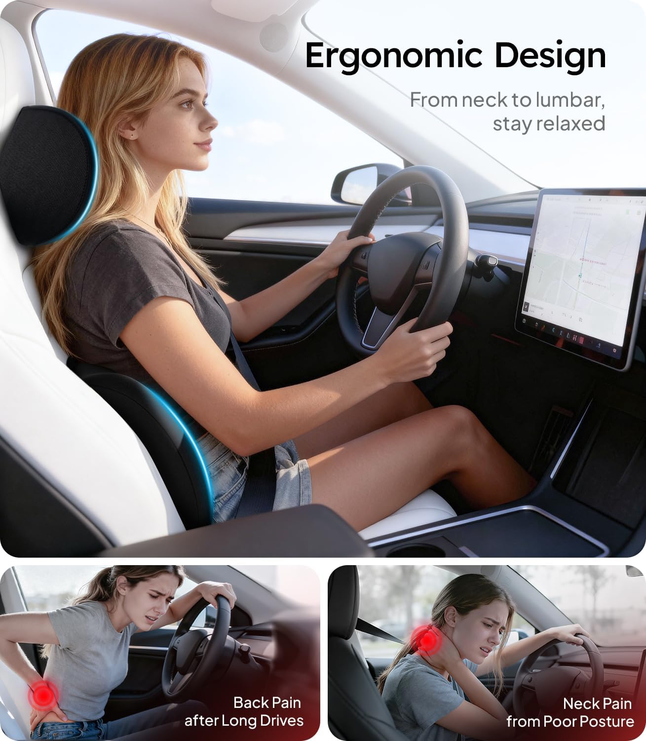 Car Neck & Lumbar Pillow Set, Soft Black - Image 2